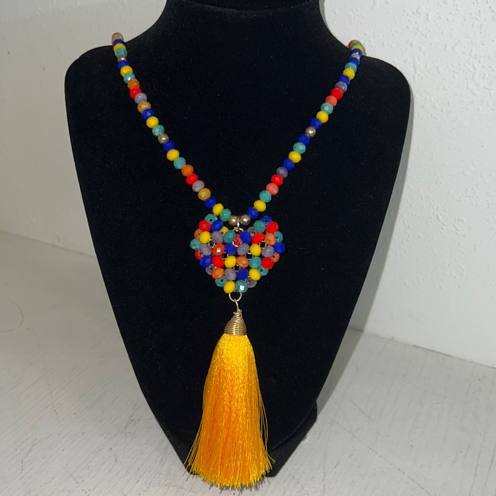 Mexican Multi-Colored Beaded Heart Pendant Necklace 25.5”
